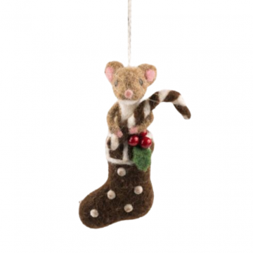 Vilten hanger muis in kerstsok 13 cm