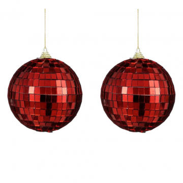 House of Seasons kerstbal Disco rood 2 stuks 10 cm