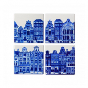 Heinen Delfts Blauw Onderzetters Grachtenpanden 4 stuks